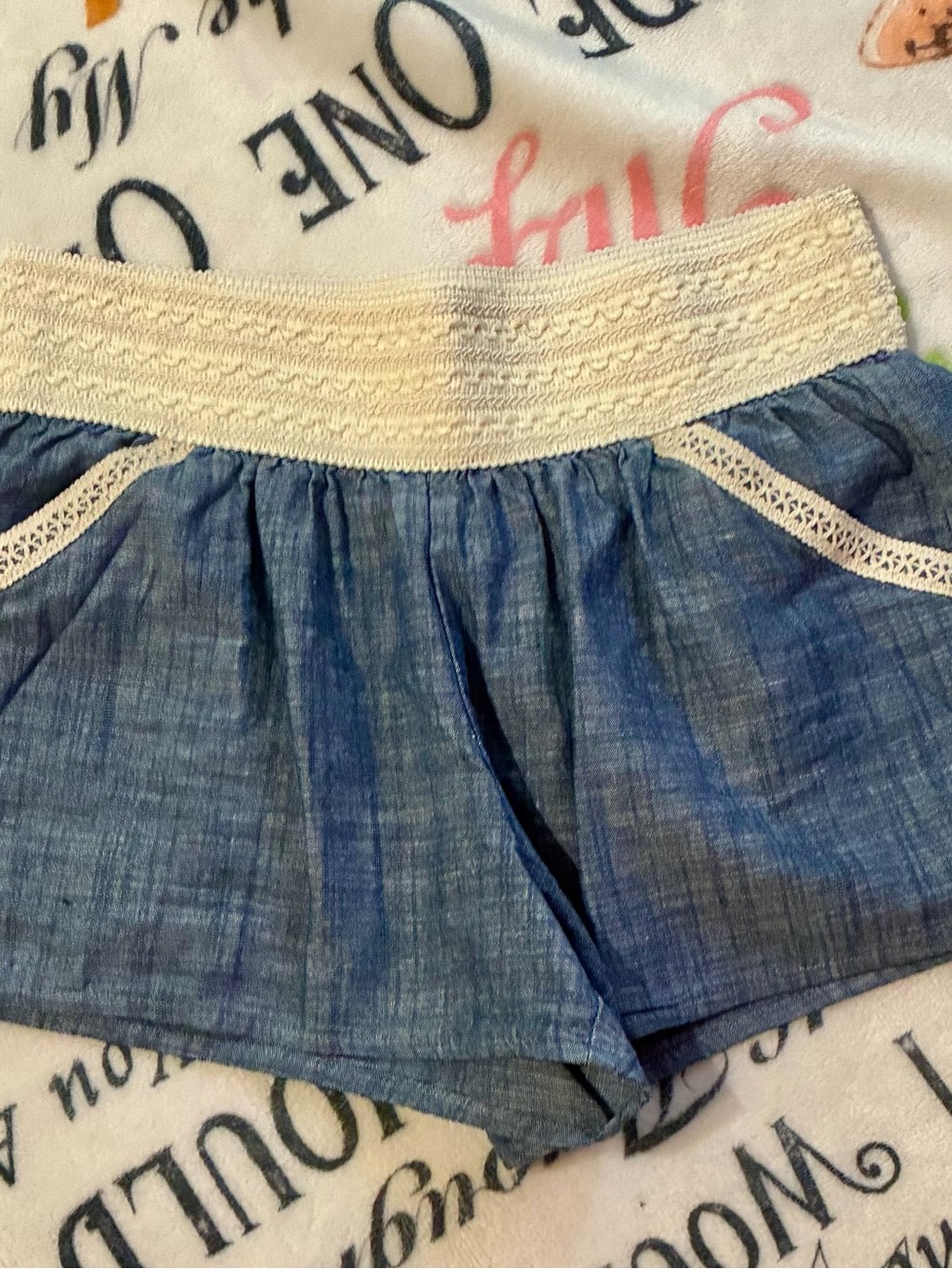 Blue Jean Booty Shorts with Cream Lace Waistband